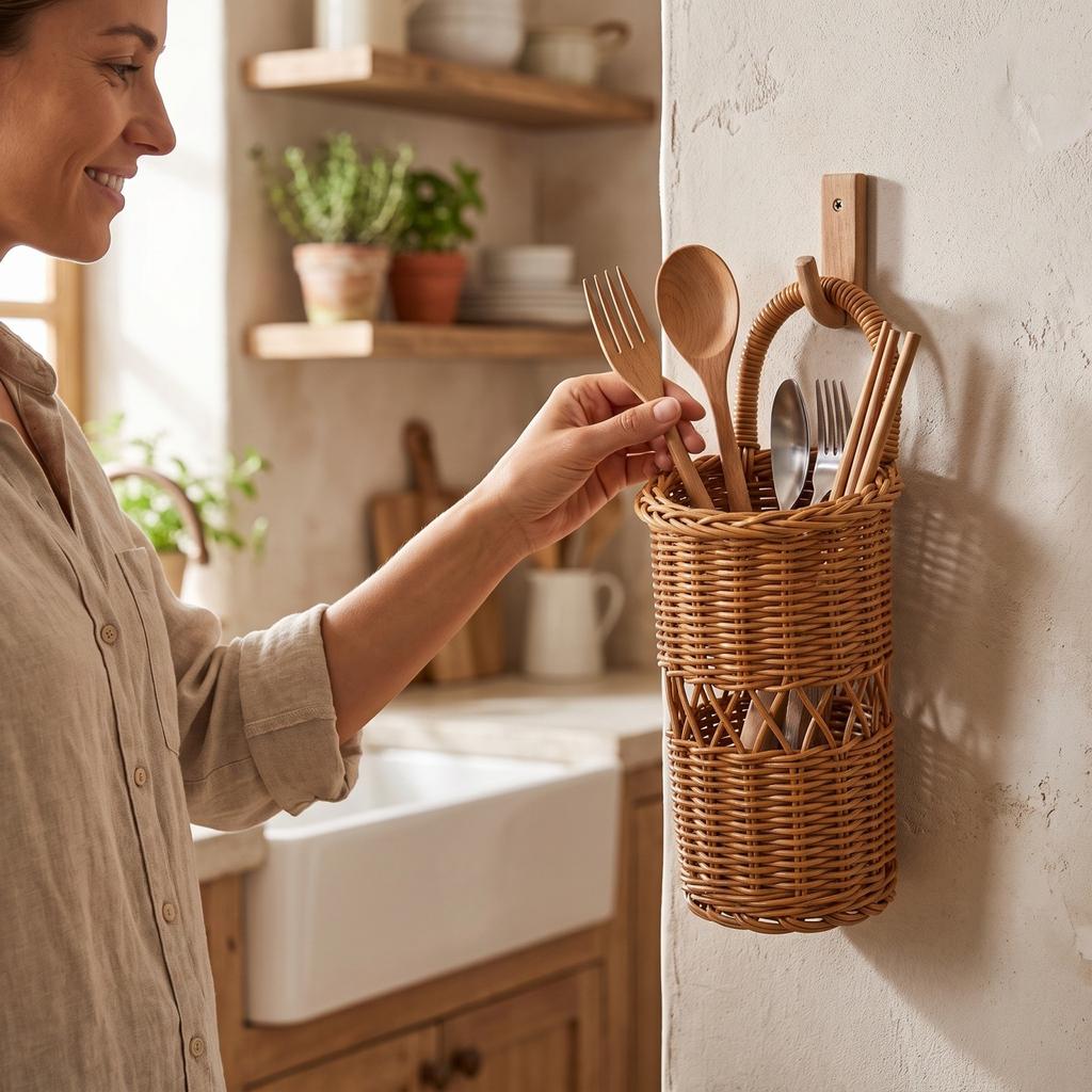 Handwoven Wall Hanging for Chopsticks, Cutlery, Toothbrush and Toothpaste, Kitchen and Bathroom Storage Holder