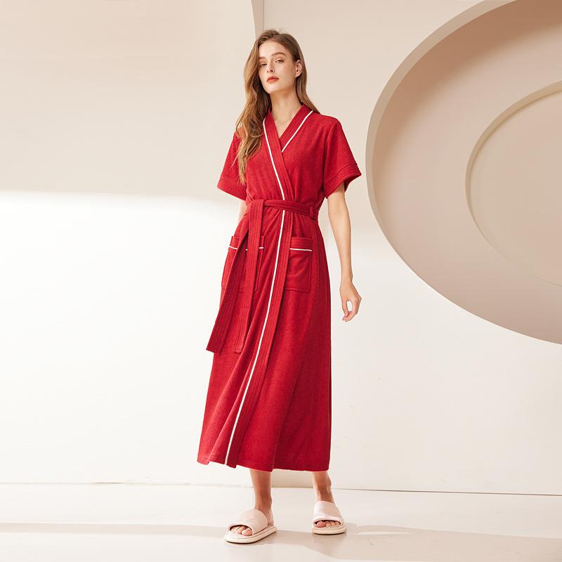 Women's Spring Summer Long Soft Terry Cloth Bathrobe Couples Short Sleeves Robe with Pockets V Neck Lace Up Sleepwear