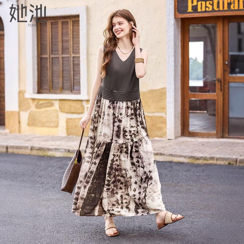 Tachi V-Neck Smocked Patchwork Sleeveless Maxi Dress S