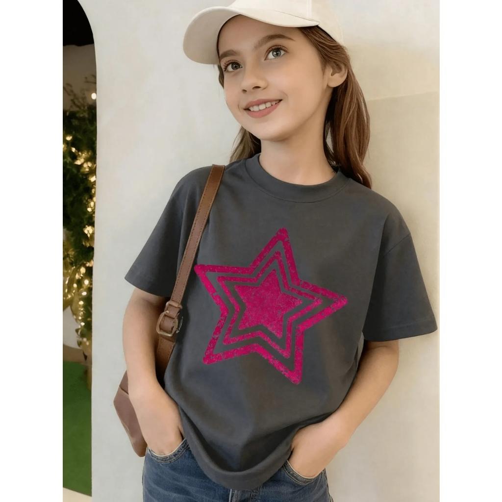 Summer New Children Tee Star Graphic Round Neck T-Shirt Girl Clothes Short Sleeve Outdoor Breathable Top Clothing