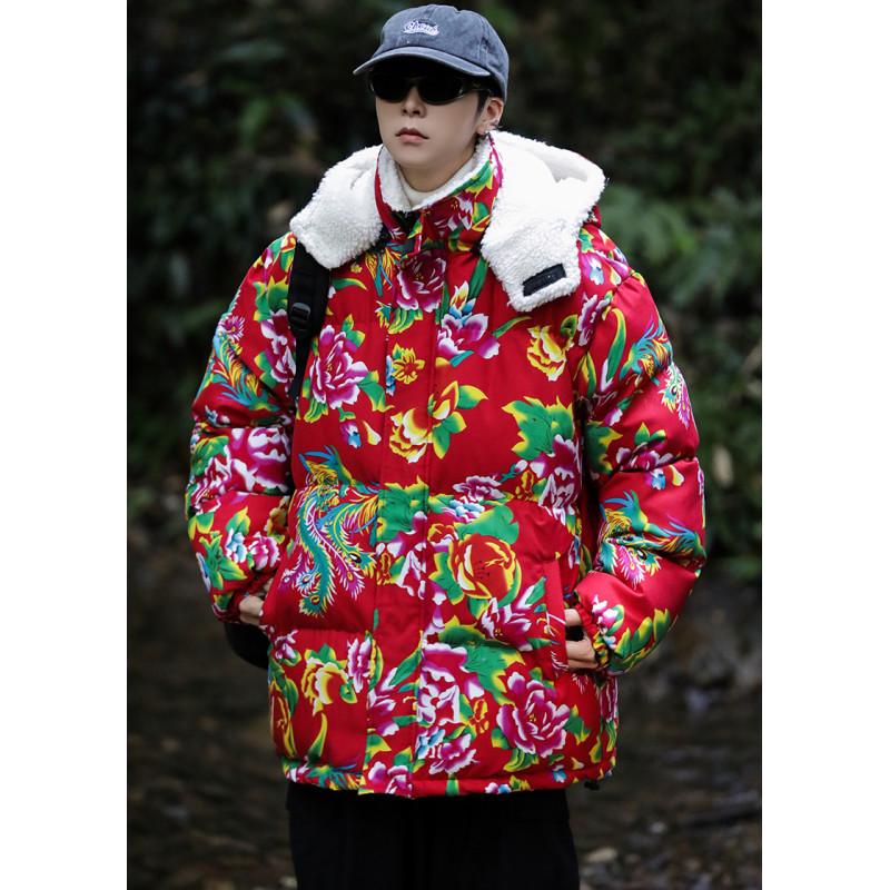 A1 Hanfu Team Uniform: Warm Couple's Lambswool Coat with Detachable Hood, Chinese Style, Cold-Protection, Big Flower Design.