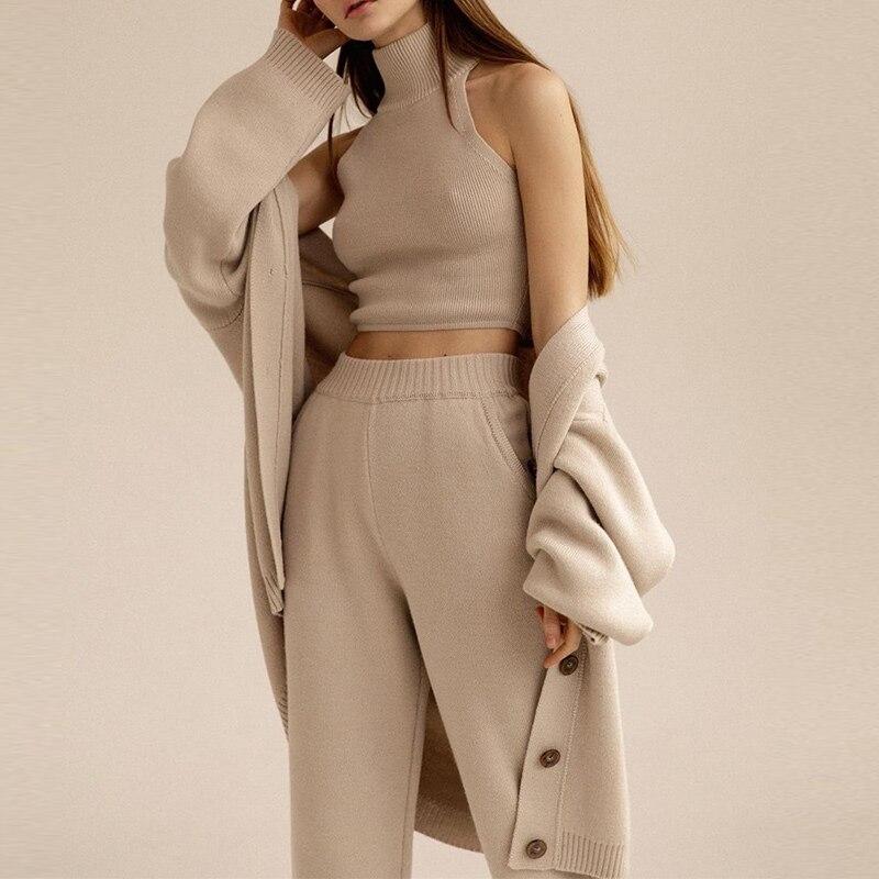 Knitted Solid Women Cardigans Sets Turtleneck Sleeveless Pullovers with Loose Pants Suit 2021 Winter Elegant Ladies Set 3 Pieces