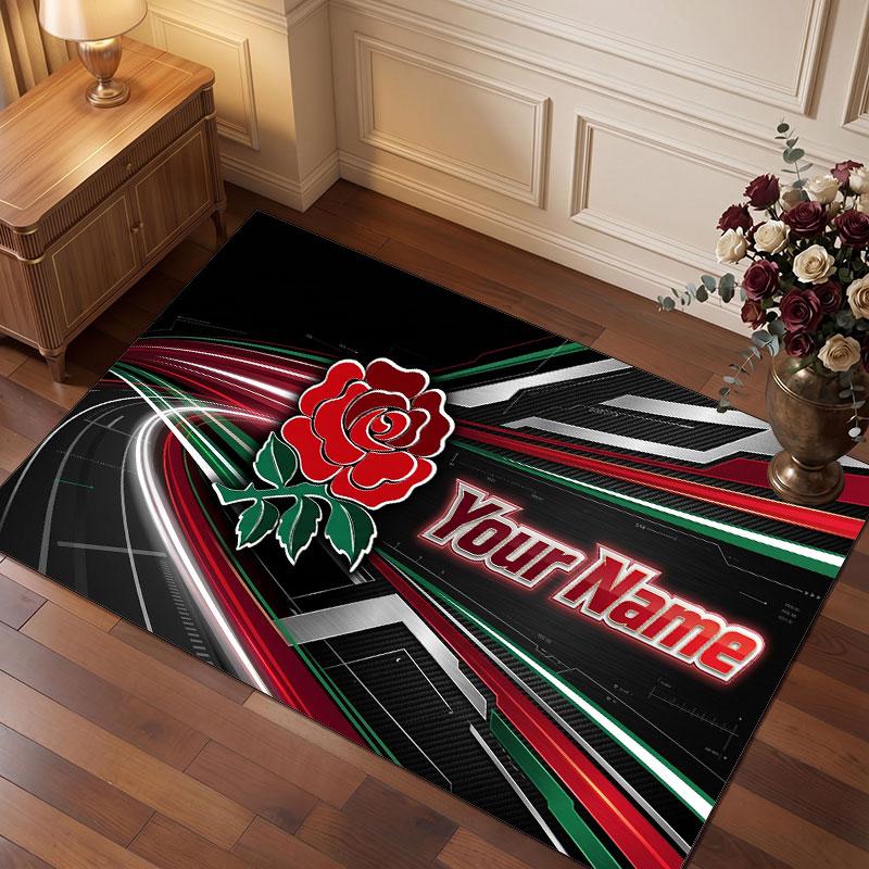 Tappeto in Velluto di Cristallo Personalizzato Rugby Inghilterra, Tappeto Morbido Antiscivolo con Testo Nome Personalizzato per Soggiorno Camera da Letto
