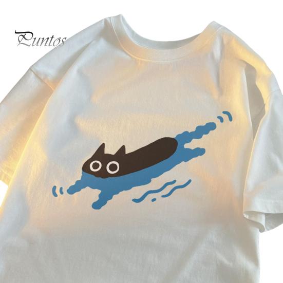 Par Casual T-skjorte Tegneserie Svart Katt Trykk T-skjorte Rund Hals Løs Sommer Topp for Menn Kvinner Hjem Gym Streetwear