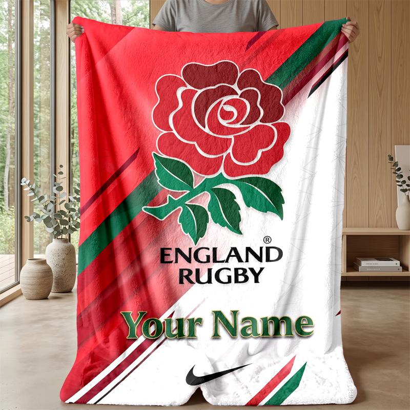 England Rugby Custom Flannel Throw Blanket Print Your Name Text Soft Warm Blanket Holiday Present