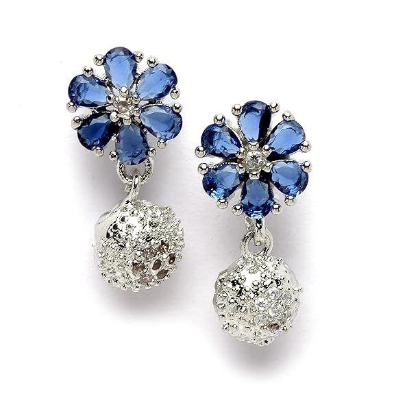 Rhodium-Plated Silver Toned Green Cubic Zirconia Studded Floral Shaped Cute Pendant with Earrings Jewellery Set for Girls and Women (Green)