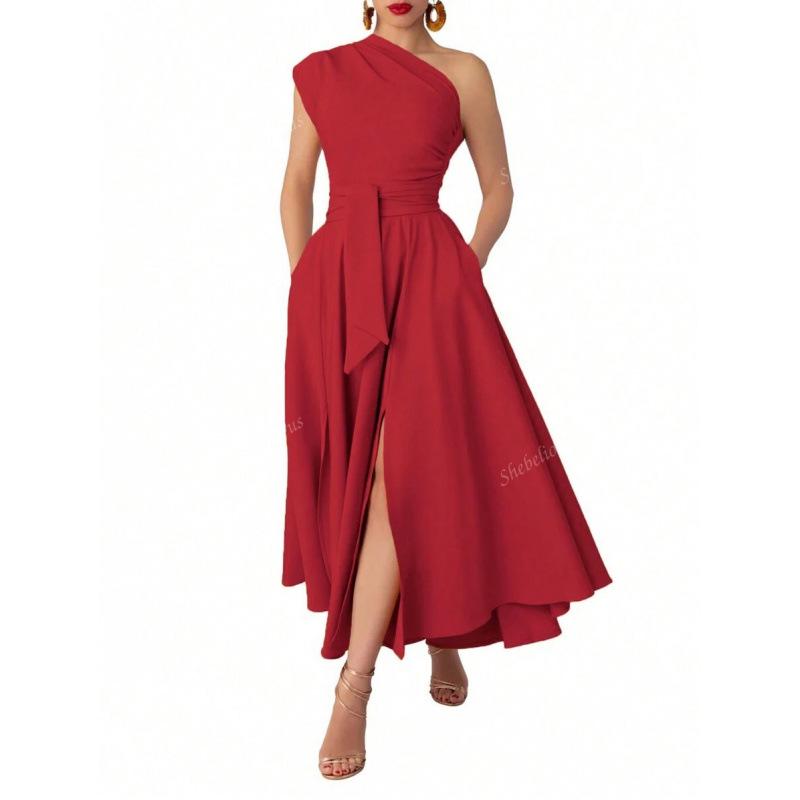 

Z 80387 Slanted Collar Waist-Cinching Dress XXL червоний
