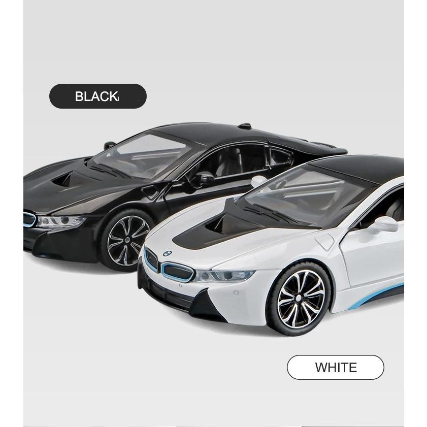 1/22 BMW I8 szuperautó ötvözet autómodell, fém játékautó, hanggal és fénnyel, fiúknak, gyűjthető ajándék