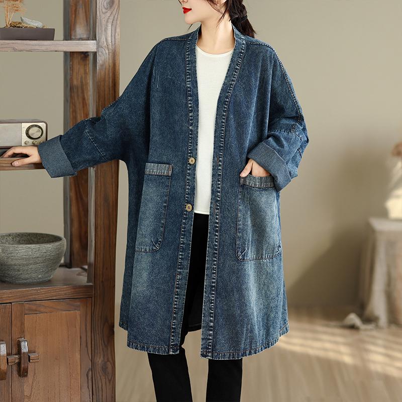 Dimanaf 2025 Autumn Denim Jackets Long Coat Long Sleeve Shirt Women Loose Blue Vintage Tops Plus Size Coat