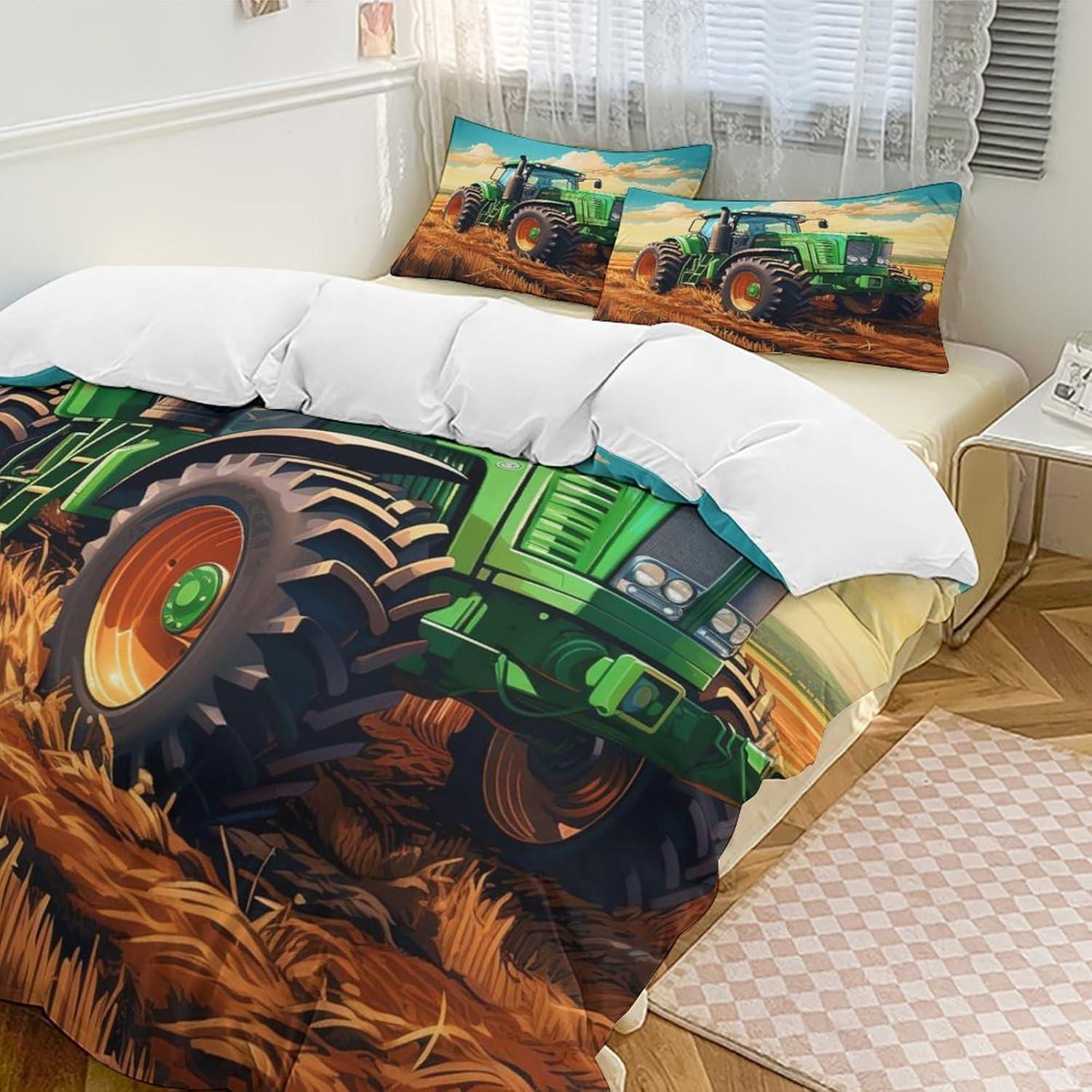 Housse de couette imprimé tracteur Couette pour lit Housse de couette pour garçons et filles Housse de couette douce en microfibre 2 pièces avec taies d'oreiller 75*50 100x135cm 2pcs