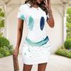 Women Plus Size Round Neck Short Sleeve Abstract Printed White Fitted Bodycon Mini Dress