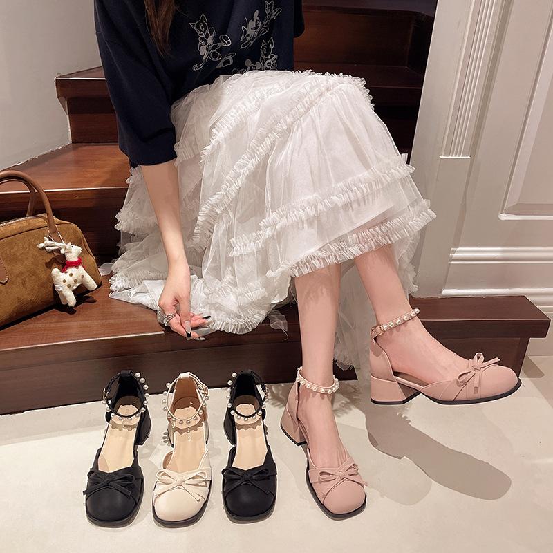 French Bow Thick Heel Mary Jane Shoes Female 2025 Summer New Fairy Style with Skirt High Heels Fashion Sandals