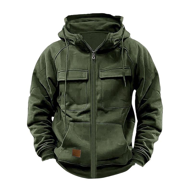 Men S Hooded Solid Color Loose Fit Multi Pocket Zip Sweatshirt