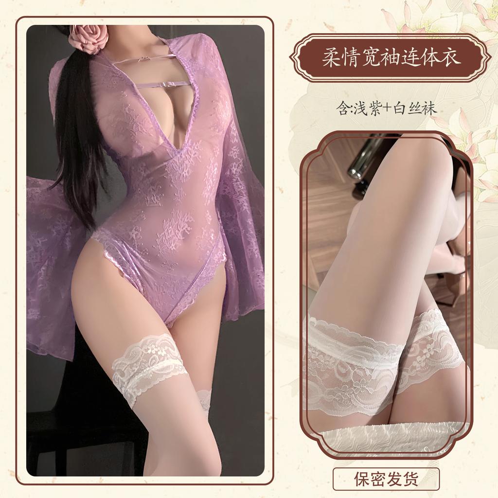 Lace perspective seduction lace hollow mesh deep V crotch horn sleeve one-piece 9392