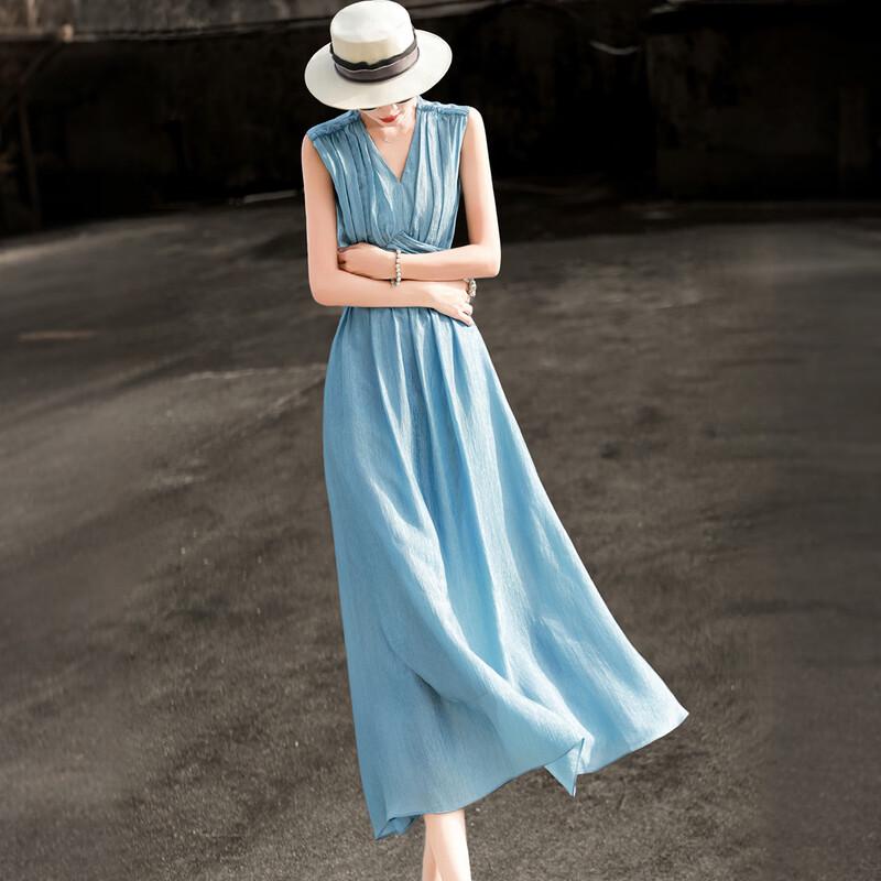 Lanser 2026 Summer French Pleated V-Neck Sleeveless A-Line Dress