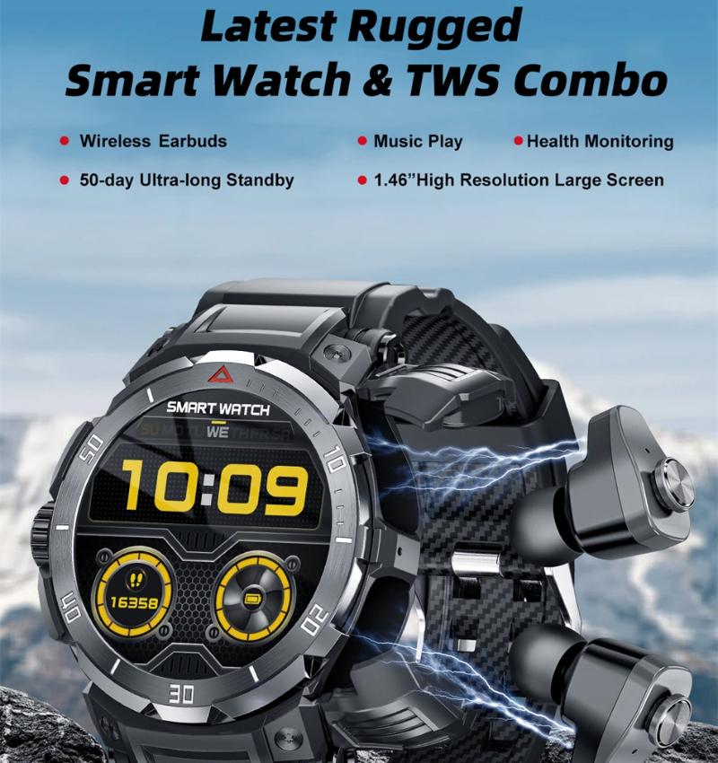 2025 Νέο NFC 2 Σε 1 Bluetooth Ακουστικό Έξυπνο Ρολόι TWS Μουσική Ομιλία Με Ακουστικά 4 Ώρες Δυνατά Ηχητικά Εφέ Μουσικόφιλος Άνδρες Έξυπνο Ρολόι