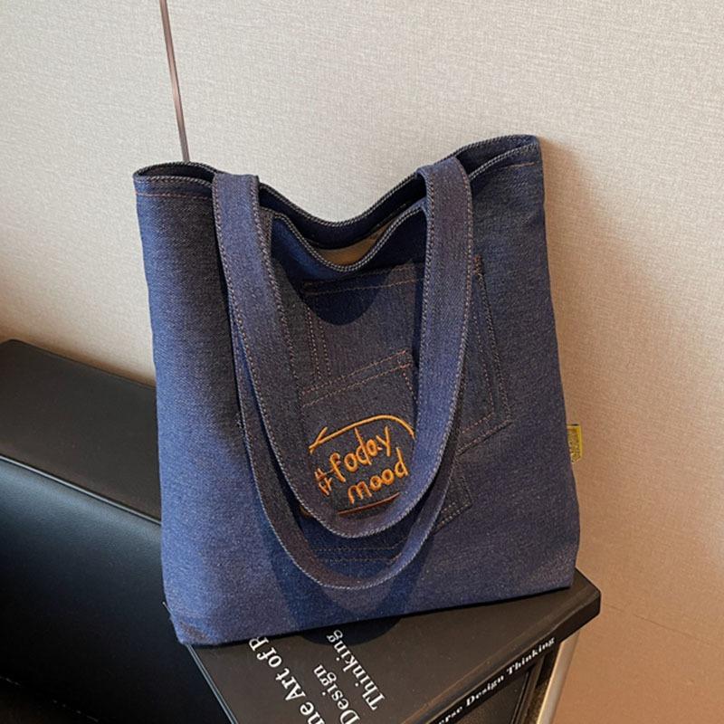 

New canvas bag large capacity student commuting shoulder tote bag cute print small fresh student темно-синий