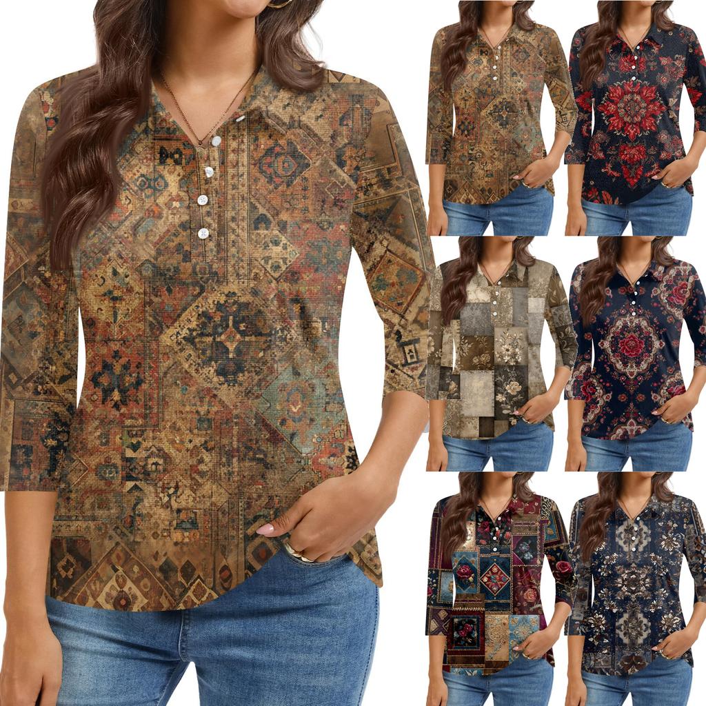 Women's Fashion Casual Lapel Short 3/4 Sleeve Print Shirt Women's Button Up Tops