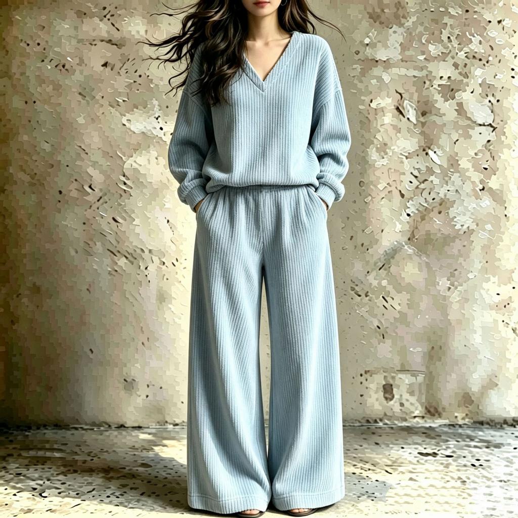 Women's Casual V-Neck Loose Fit Two-Piece Set, Fall Winter Loungewear