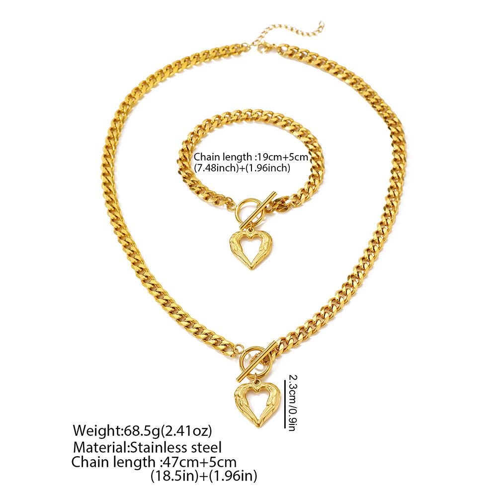 Stainless Steel 18K Gold Plated Heart Pendant Necklace Bracelet Set Women Hip Hop OT Buckle Cuban Clavicle Chain Jewelry