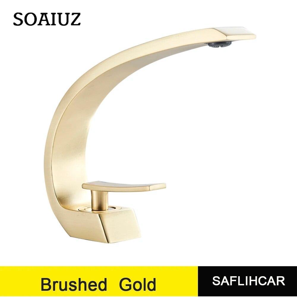 Altın Cilalı Banyo Vanity Musluk Tek Kolu Sıcak ve Soğuk Su Mikser Lavabo Bataryası Güverte Dağı Vinç