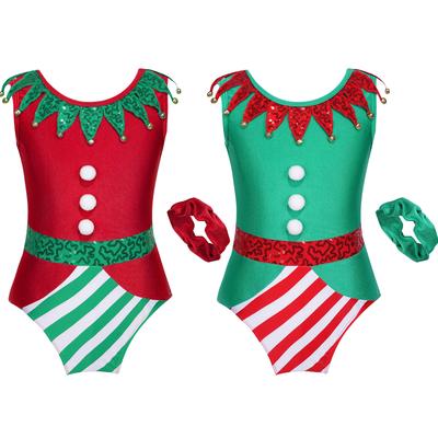 Kids Christmas Costume Color Block Jumpsuit Bell Pom Pom Sequin Adorned Elastic Headband Holiday Party Outfit