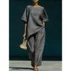 Completo da donna a tinta unita con scollo rotondo, maniche corte e pantaloni a gamba larga, casual, vestibilità larga, tuta estiva