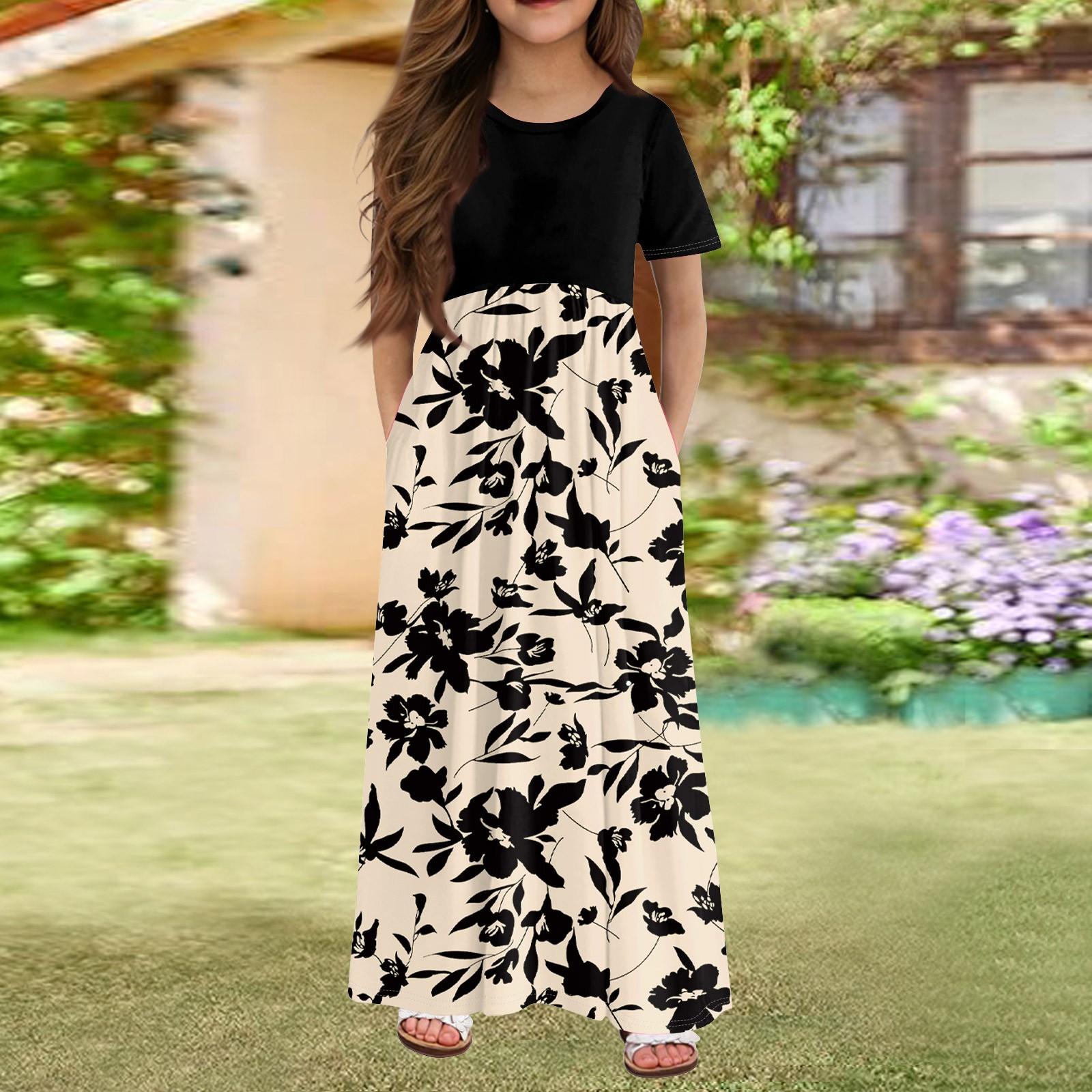 

Довга літня сукня для дівчаток - сукня максі з короткими рукавами та кишенями для дітей віком 4-14 років 110 чорний