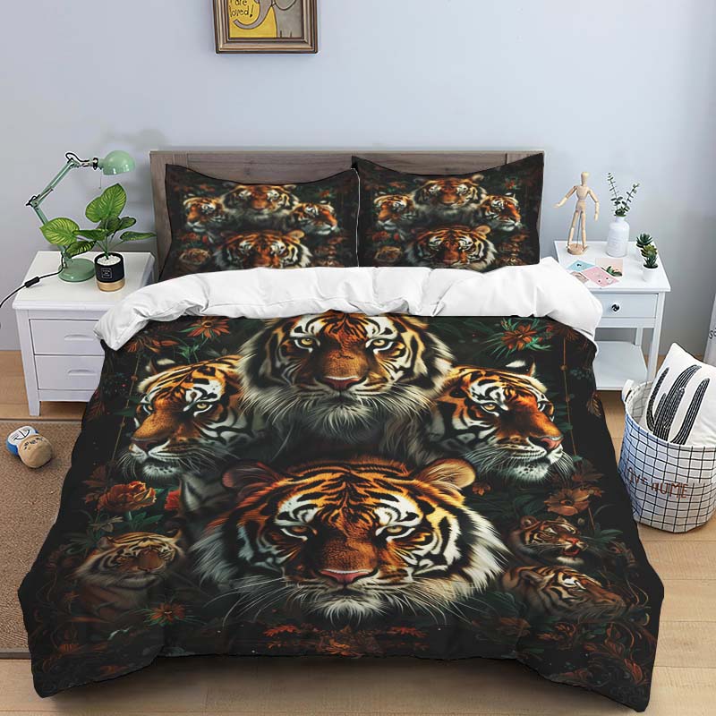 Blue Light Jungle White Tiger Animal Print Bedding Set (3-Piece) - Domineering White Tiger Pattern Duvet Cover and Pillowcase Se