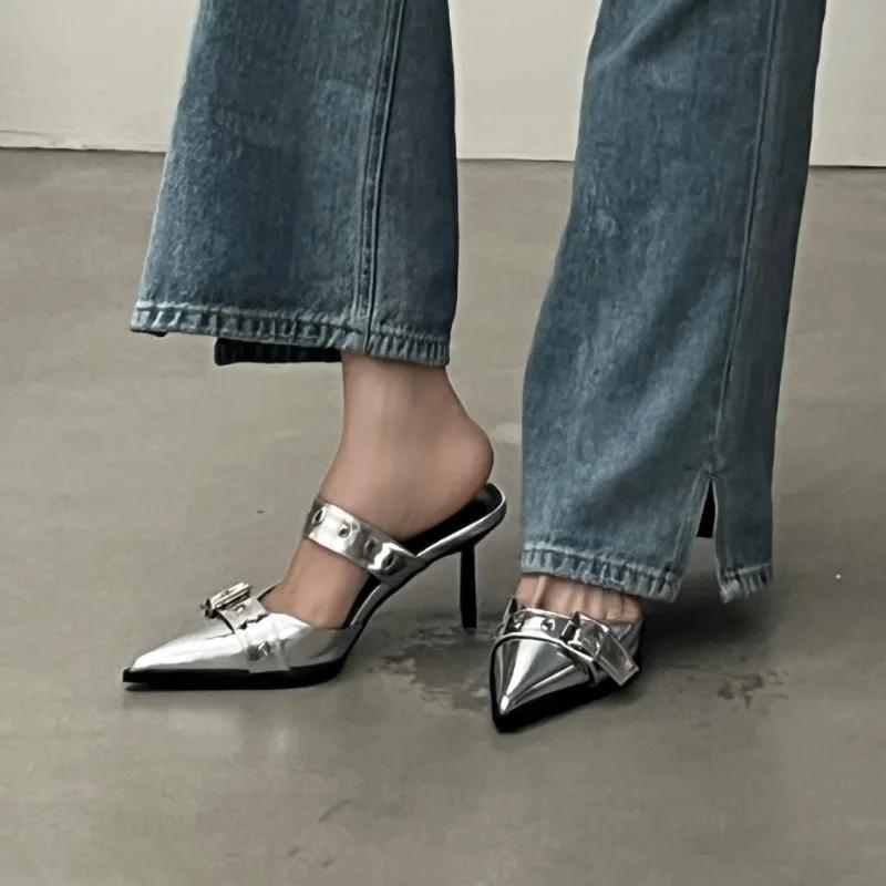 Women's Summer New Simple Solid Color Shallow Slip-On Sandals PU Waterproof Outdoor Casual Party Dress Women's High Heels