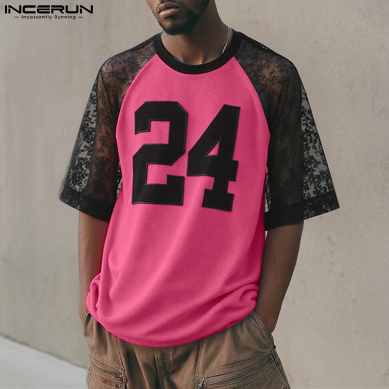 INCERUN Men Lace Patchwork Short Sleeve Letter Print Hollow Out Casual T-shirts Tops