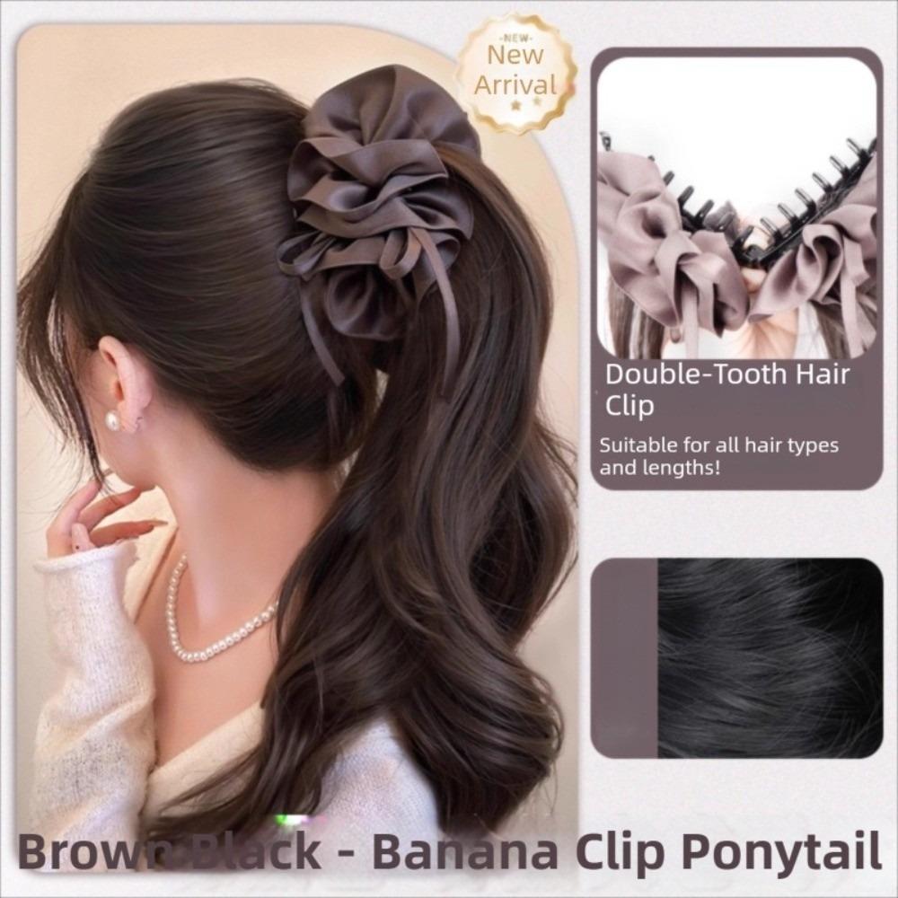 Synthetic Ribbon Banana Clip Ponytail Pleated Bow Pony Tail Hair piece  for Women
