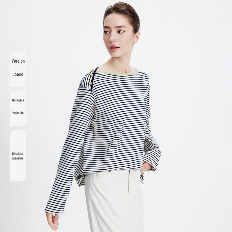 Navigare Women's Striped Cotton Long Sleeve Off-Shoulder T-Shirt