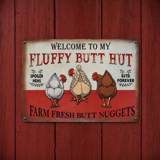 Fluffy Butt Hut Farm Sign, Vintage Chicken Coop Metal Sign, Weatherproof Rustic Wall Art, for Barn Kitchen Backyard Farmhouse Decor