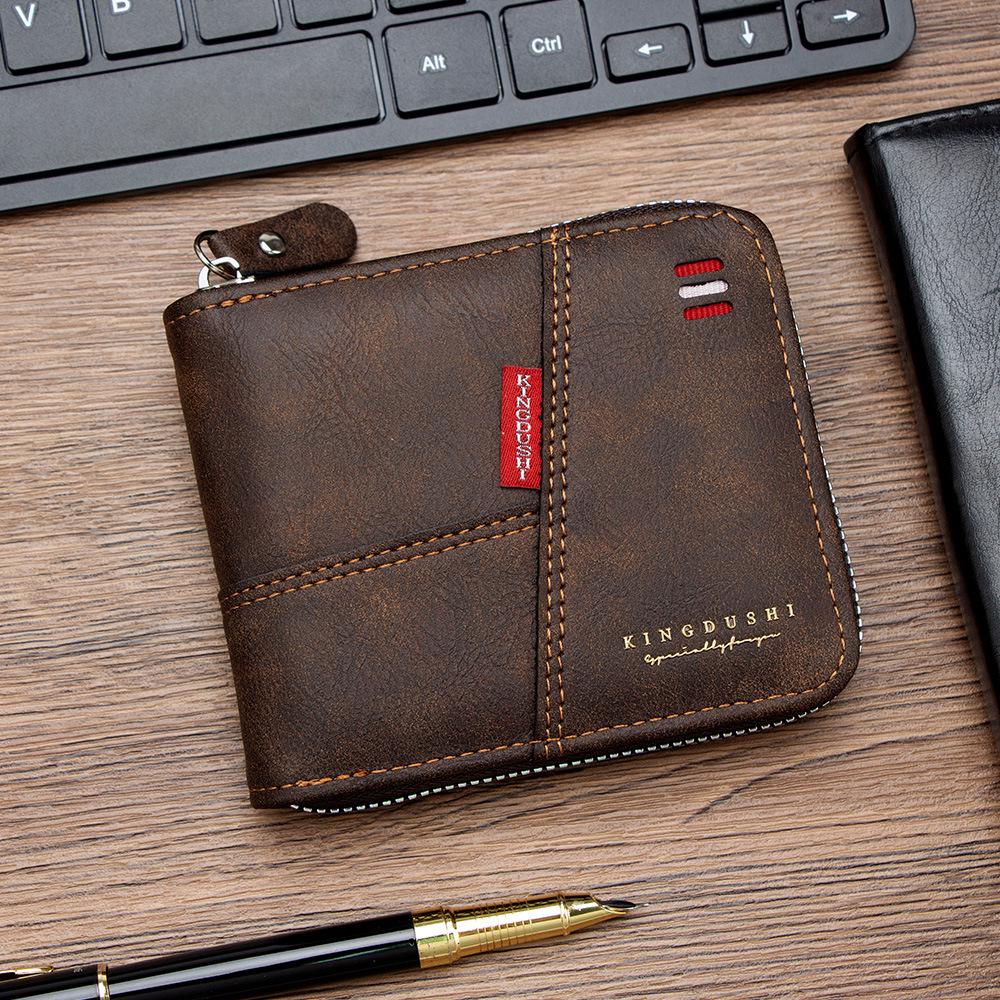 Men's Cross-border Patchwork Oil Wax Leather Tri-fold Short Wallet with Coin Pouch