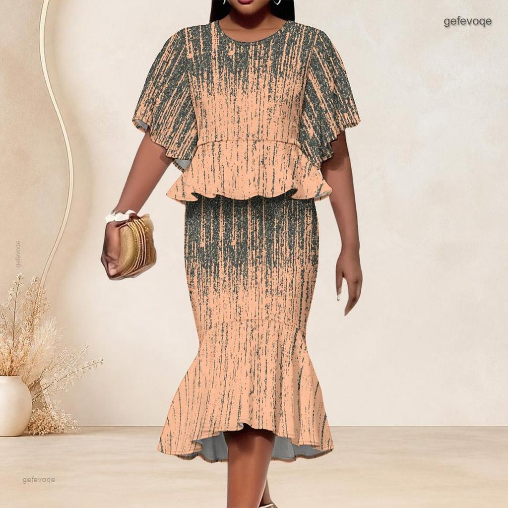 Women Plus Size Round Neck Batwing Sleeve Blue Brown Printed Ruffle Hem Top Fishtail Skirt Two Piece Set