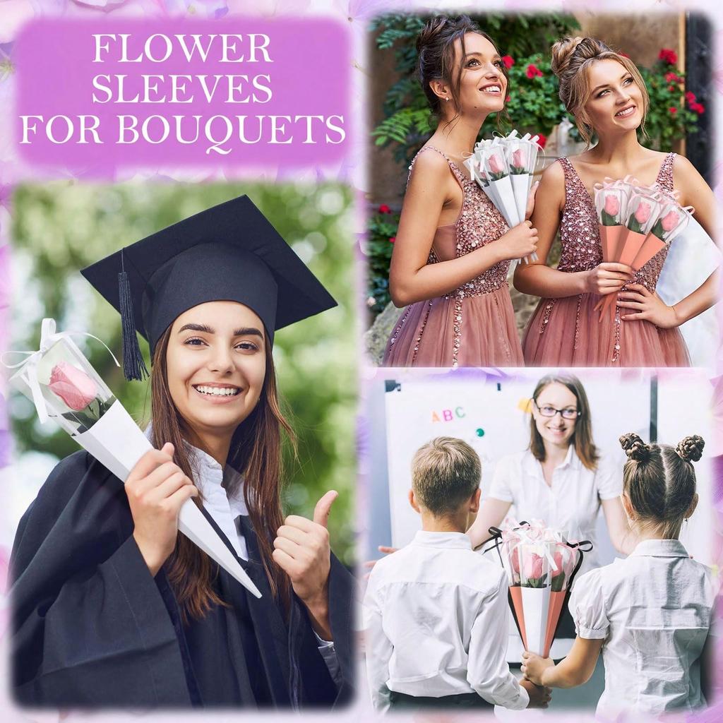 24 Pcs Flower Bags Single Rose Sleeves Flower Bouquet Single Rose Bag Floral Wrapping Paper Floral Gifts for Wedding Birthday