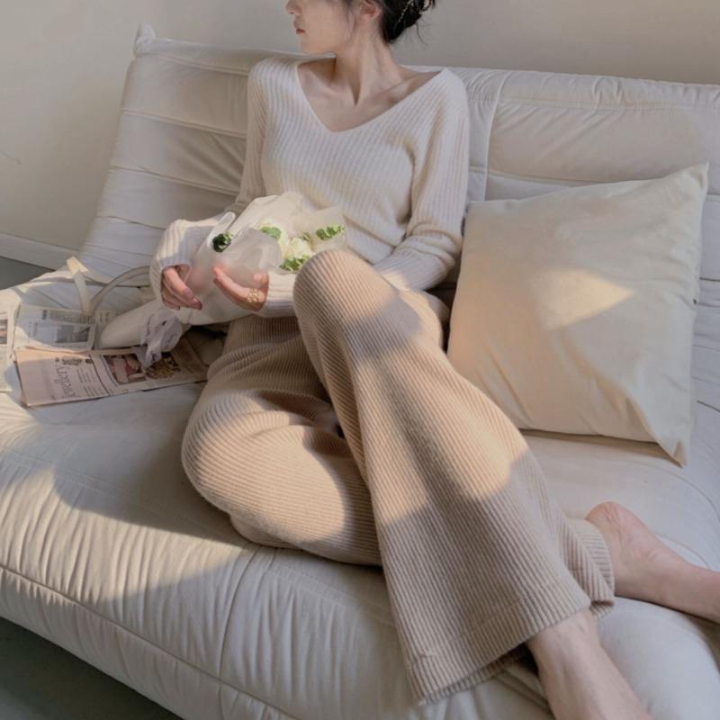 

Модные новые однотонные трикотажные широкие брюки с высокой талией для женщин, осень и зима, элегантные повседневные свободные женские брюки, винтажные простые женские брюки 25690 L