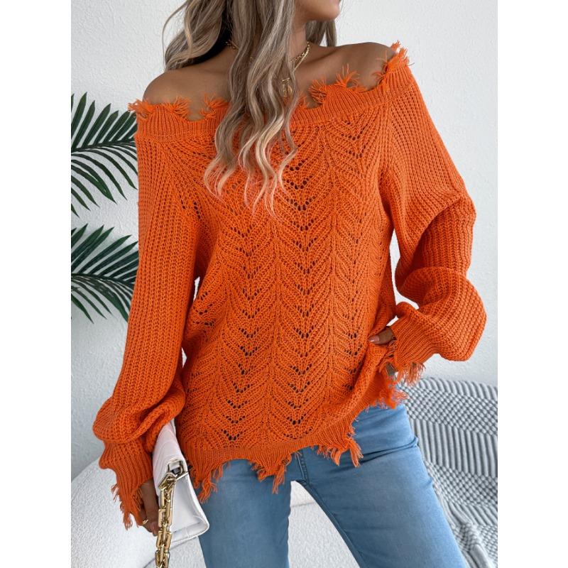 Women's Solid-color Cut-out Long-sleeved Off-the-shoulder Pullover Sweaters for Autumn and Winter