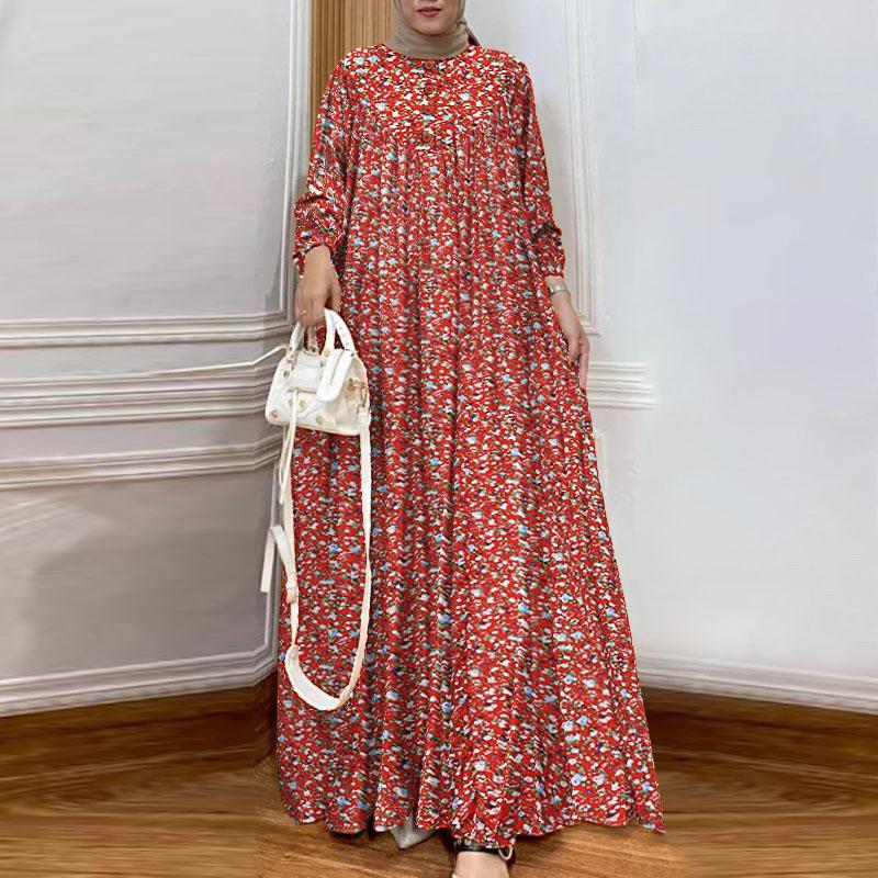 

ZANZEA Women Casual Round Neck Long Sleeve Loose Floral Print Long Dress S красный