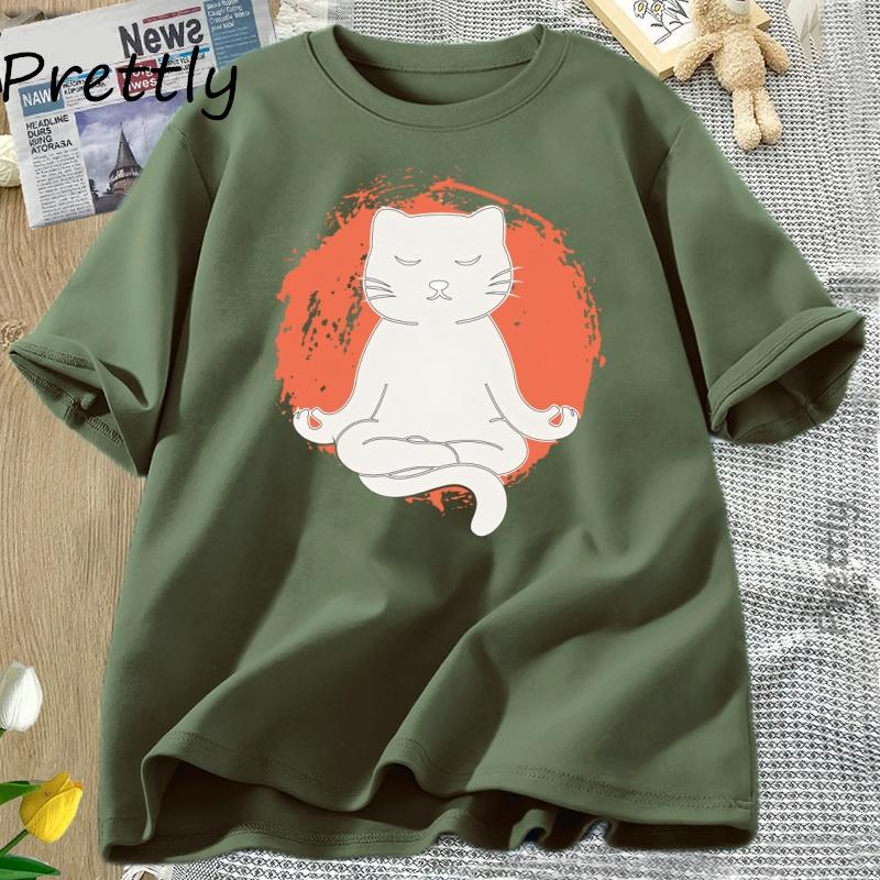 Yoga T Shirt Funny Cat Yoga TShirt Women Cotton Round Neck Short Sleeve Tshirt Casual Loose Graphic T Shirts Women Clothing
