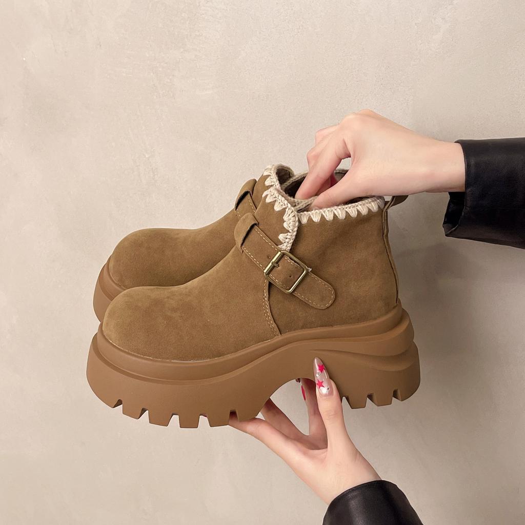 Small muffin thick-soled heightening Martin boots women's super fire small short boots Maillard brown versatile autumn and winter knight boots