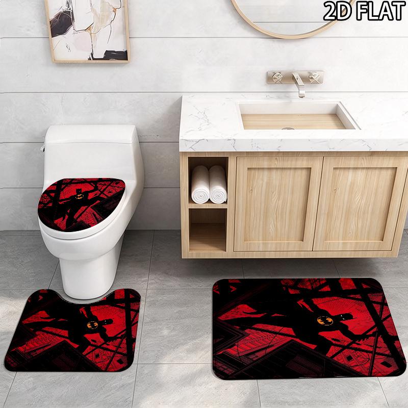 3pcs Black and Red Batman Pattern Flannel Nonslip Absorbent Washable Decorative Bathroom Home Toilet Seat Cover Mat