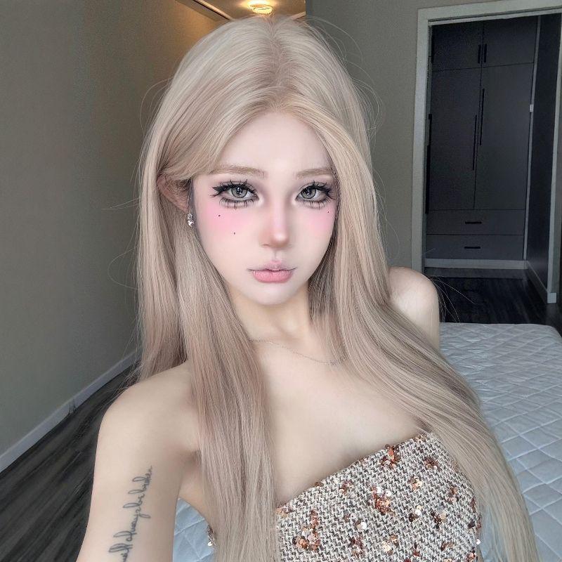 KuKu Princess Milk Tea Grey Middle Part Lace Wig - Women's Long Straight Hair Wig