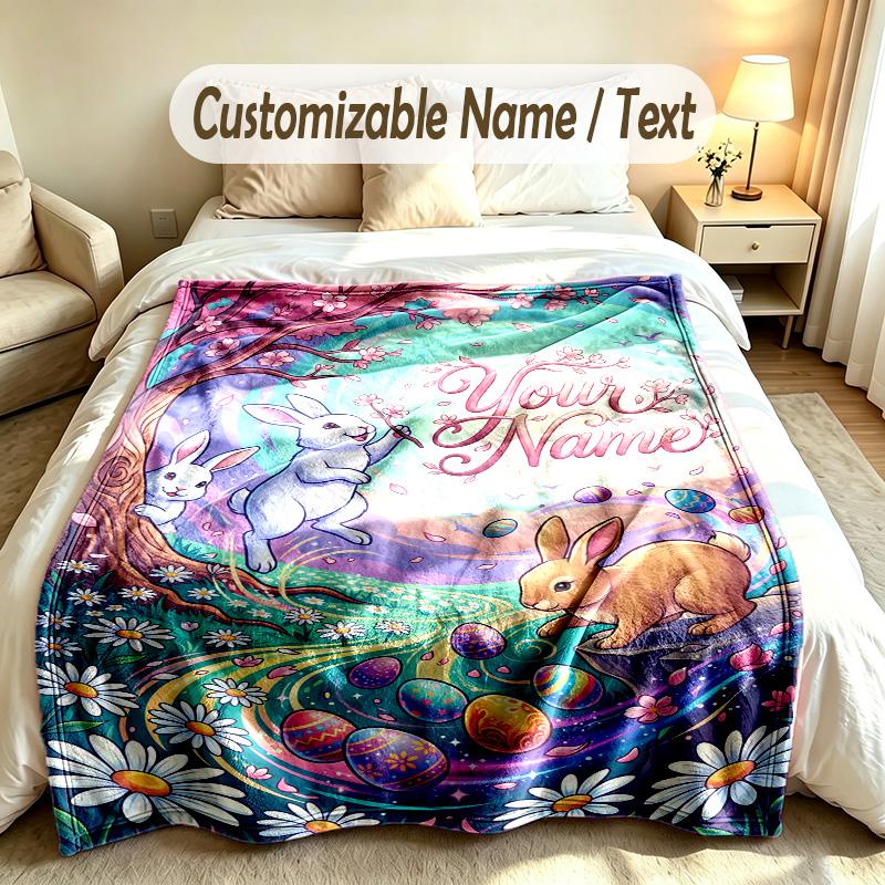 Easter Bunny Theme Soft Blanket Personalized Custom Name Text Print Warm Blanket Home Sofa Bedroom Decor