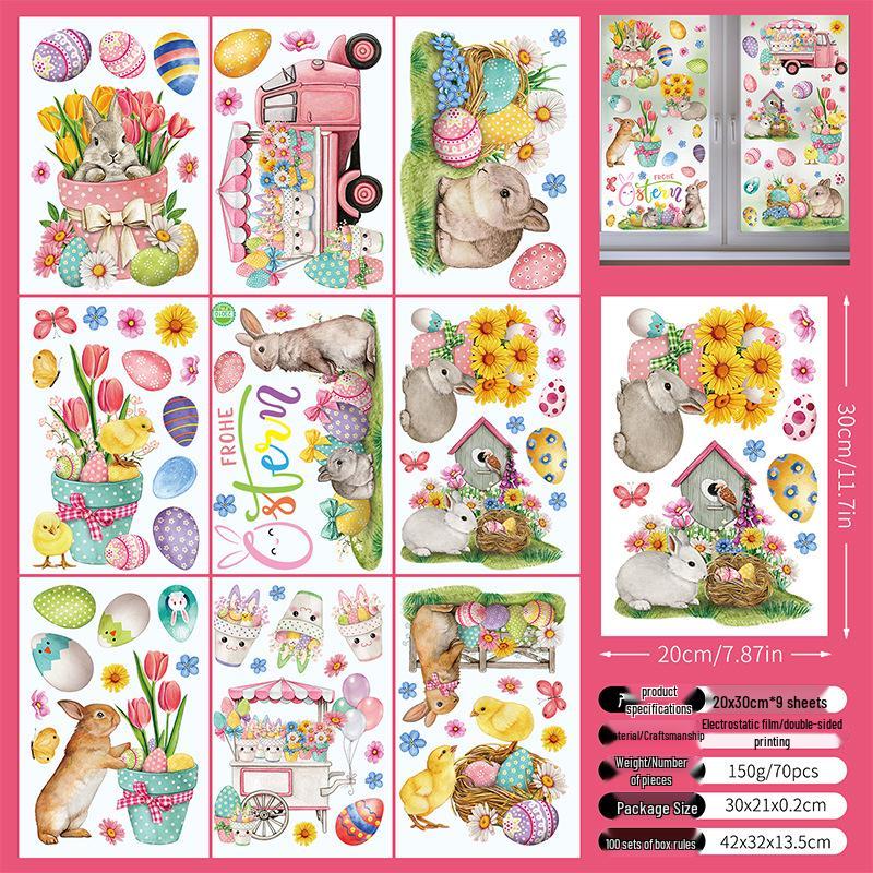 Festive Easter Static Cling Stickers - Cute Rabbit, Dwarf, and Colored Eggs for Glass Decorations