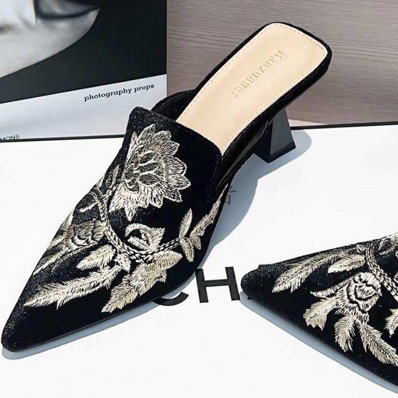 Embroidered Flower Bag Head Half Slippers Summer New Pointed High-heeled Cheongsam Temperament Slippers Women's Summer Outer Wear