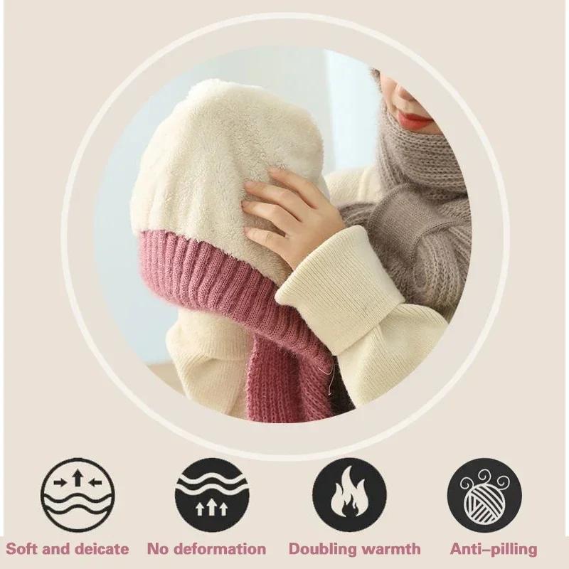 Winter Womens Knitted Hat Double Warm Padded Thickened Hat Scarf One Wool Knitting Net Red Pop Wind and Snow Beanies Hats