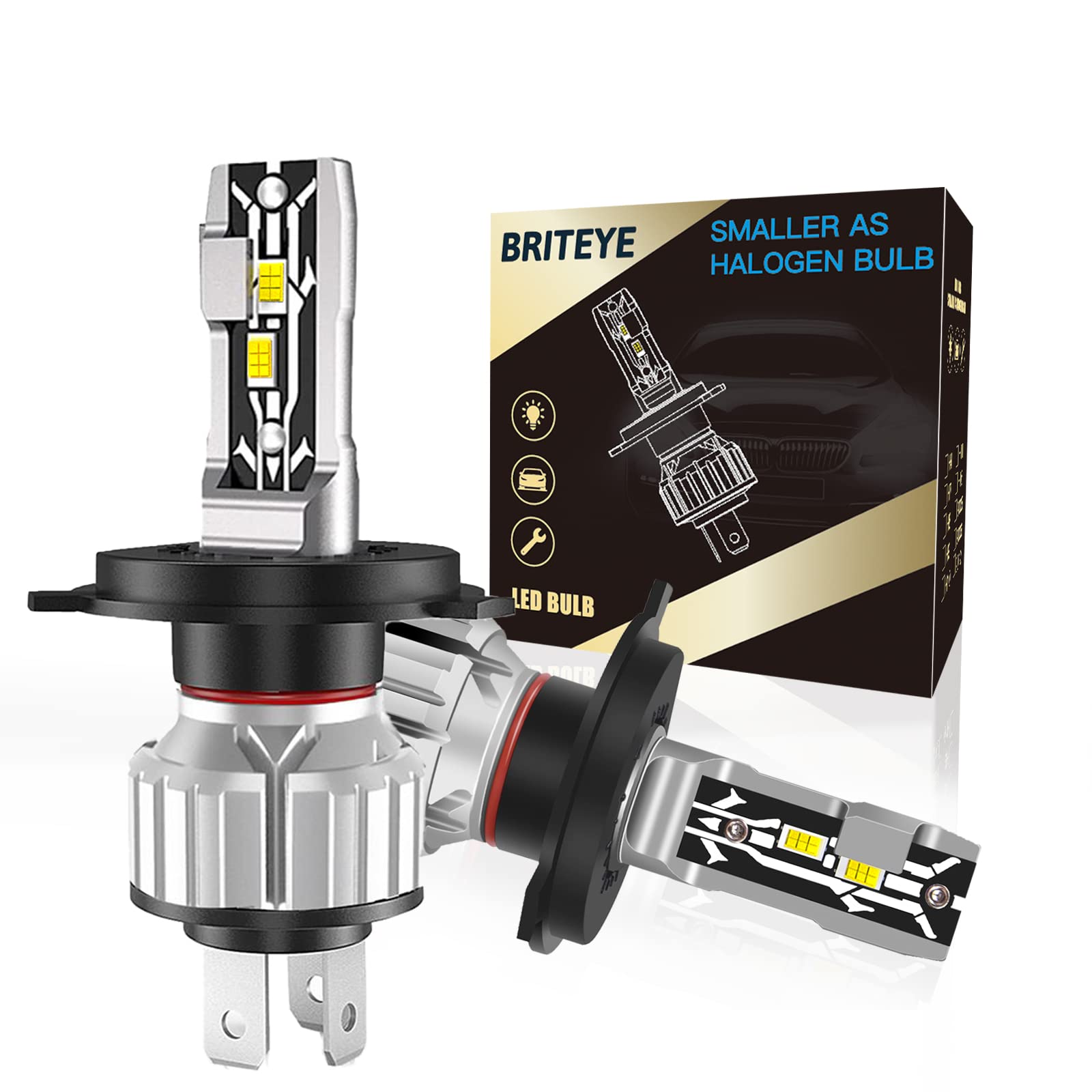 

Светодиодная фара Briteye H4 с микросхемой CSP переключения hi lo, совместимая с новыми стандартами техосмотра транспортных средств, светодиодная лампа H4 белого цвета 12 В, автомобильная светодиодная лампа без вентилятора белый