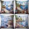 4 stuks, Kussensloop met Oceaan Thema met Zeilboot en Vuurtoren Patronen, Mooi en Praktisch, 45 cm * 45 cm, Geschikt voor Huisbank Decoratie